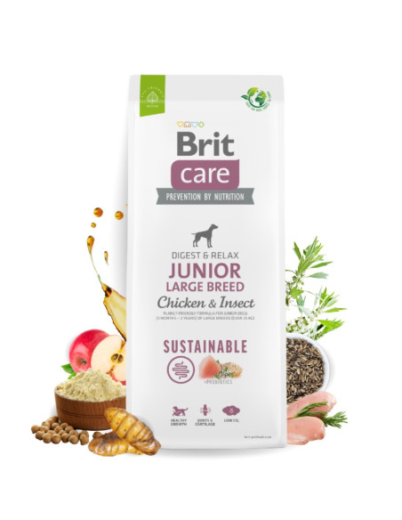 Brit Care Dog Sustainable Junior Large Breed Chicken-Insect- Супер премиум суха храна за подрастващи кученца от големите поро