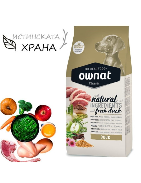 Натурална суха храна Ownat Classic Duck с прясно патешко месо за пораснали кучета от всички породи 12 кг.