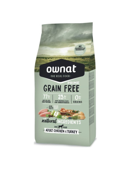 Натурална суха храна Ownat Grain Free Prime ADULT CHICKEN - TURKEY – БЕЗ зърнени култури, с 77- качествено месо, пиле и пуйка