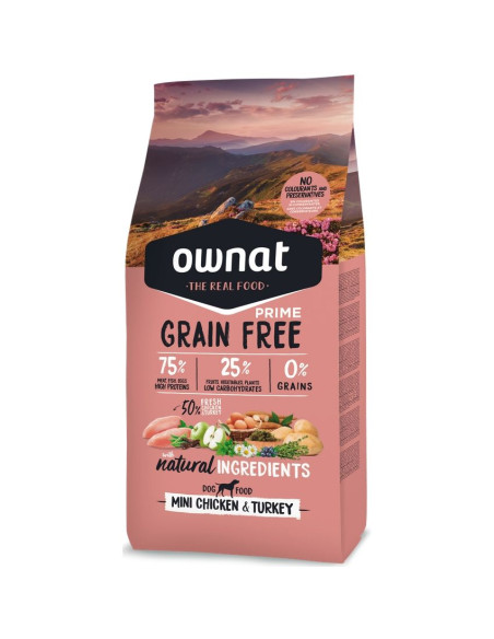 Натурална суха храна Ownat Grain Free PRIME MINI CHICKEN - TURKEY – БЕЗ зърнени култури, с 75- качествено месо, пиле и пуйка,