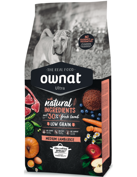 Натурална суха храна Ownat Ultra Medium Lamb and Rice с пряснo агнешко месо, за кучета предразположени към алергии и непоноси