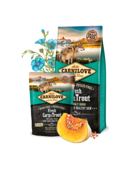 Натурална суха храна с прясно месо за кучета Carnilove FRESH Carp - Trout Shiny Hair - Healthy Skin Adult със 26- шаран и 18-