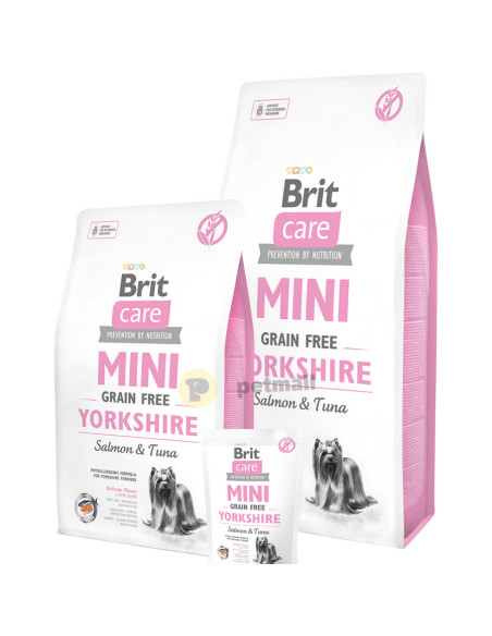 Пълноценна суха храна Brit Care Mini Grain Free Yorkshire със сьомга и риба тон, за кучета от порода йоркширски териер 2 кг.