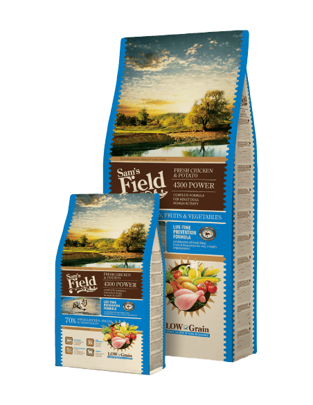 Пълноценна суха храна за кучета с висока физическа активност Sam’s Field Dog Fresh Chicken and Potato POWER с 70- пилешко мес