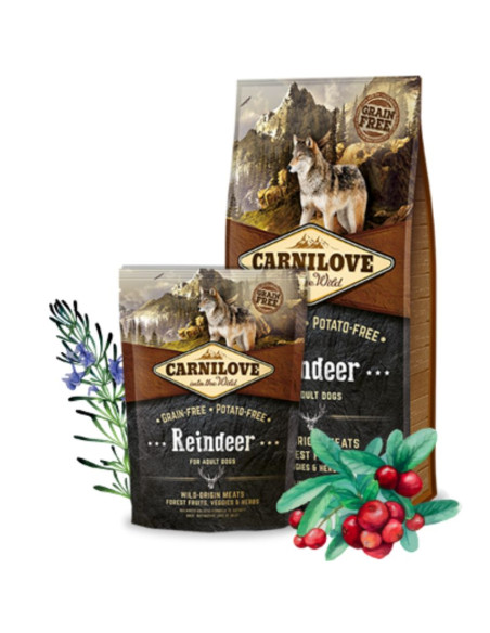 Пълноценна, суха храна за кучета Carnilove Reindeer Adult със 28- еленско и 22- глиганско, БЕЗ ЗЪРНЕНИ КУЛТУРИ 1.5 кг.