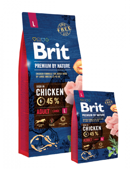 Суха храна за кучета BRIT PREMIUM ADULT L BY NATURE [ НОВА, ПОДОБРЕНА ФОРМУЛА ] с 45- прясно пилешко месо 15 кг.