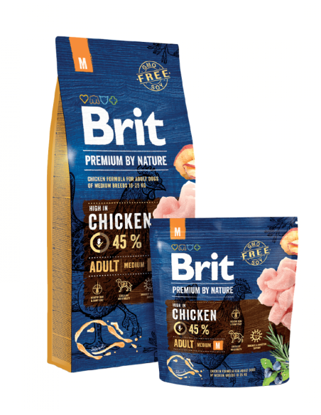 Суха храна за кучета BRIT PREMIUM ADULT M BY NATURE [ НОВА, ПОДОБРЕНА ФОРМУЛА ] с до 45- прясно пилешко месо 15 кг.