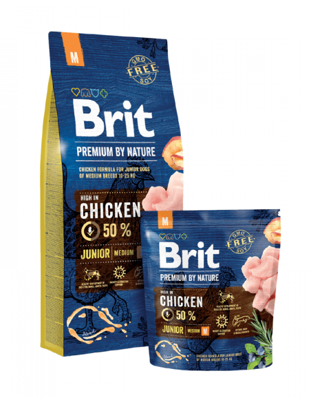Суха храна за кучета BRIT PREMIUM JUNIOR M BY NATURE [ НОВА, ПОДОБРЕНА ФОРМУЛА ] с 50- прясно пилешко месо 15 кг.