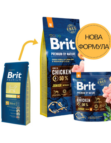 Суха храна за кучета BRIT PREMIUM JUNIOR M BY NATURE [ НОВА, ПОДОБРЕНА ФОРМУЛА ] с 50- прясно пилешко месо 3 кг.