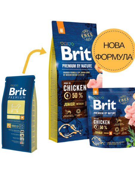 Суха храна за кучета BRIT PREMIUM JUNIOR M BY NATURE [ НОВА, ПОДОБРЕНА ФОРМУЛА ] с 50- прясно пилешко месо 3 кг.