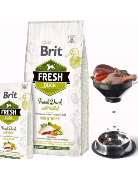 Холистична суха храна Brit Fresh Duck with Millet Adult Run - Work за активни кучета от всички породи, с прясно патешко месо,