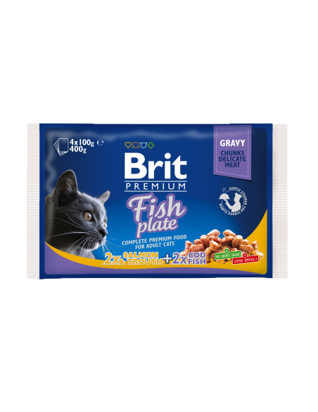 Brit Premium Cat Pouches Fish Plate – паучове за котка хапки със сьомга и риба треска в сос грейви 4 x 100 грама 0.400 кг.