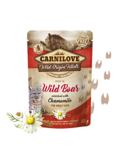 Натурална, мокра храна за котки Carnilove CAT POUCH rich in Wild Boar with Chamomile със 71- пилешко месо, 14- глиган, обогат