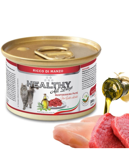 Консервирана храна за котки HEALTHY MEAT All days CAT Beef с прясно телешко месо, пилешко и риба тон 0.200 кг.