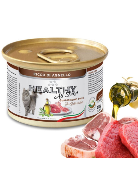 Консервирана храна за котки HEALTHY MEAT All days CAT Lamb с прясно агнешко месо, говеждо и скариди 0.200 кг.