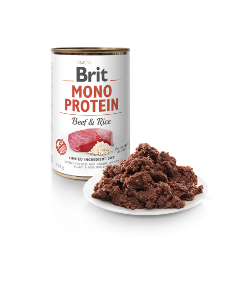 BRIT MONO PROTEIN BEEF-RICE – консеврирана кучешка храна с телешко и ориз 0.400 кг.