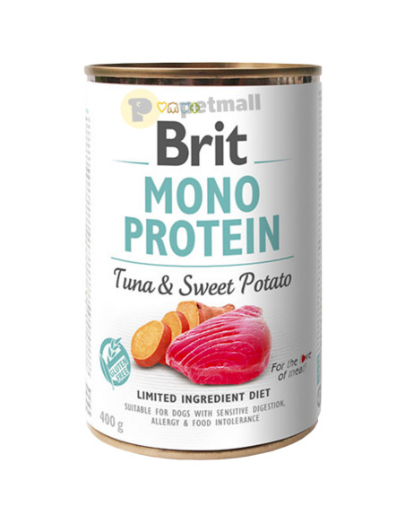 Консервирана храна за кучета BRIT MONO PROTEIN TUNA - SWEET POTATO – със 72- прясно риба тон и 5- сладки картофи 0.400 кг.