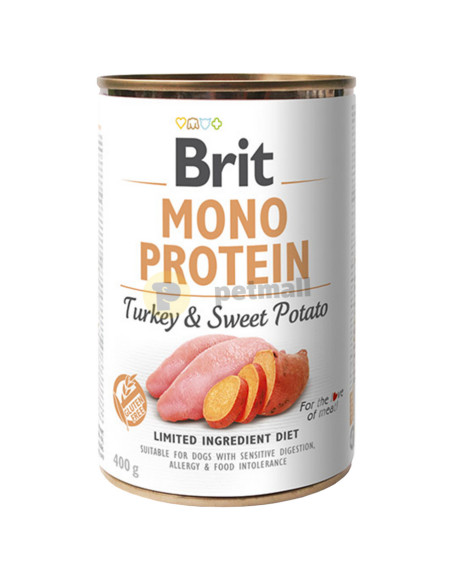 Консервирана храна за кучета BRIT MONO PROTEIN ТURKEY - SWEET POTATO – със 74- прясно пуешко месо и 5- сладки картофи 0.400 к
