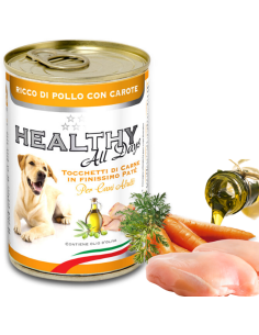 Консервирана храна за кучета HEALTHY MEAT All days Chicken and Carrots с прясно пилешо месо, говеждо, моркови 0.400 кг.