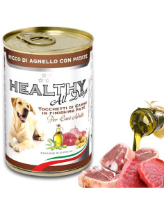 Консервирана храна за кучета HEALTHY MEAT All Days с прясно агнешко месо , телешко, пуешко месо и картофи 0.400 кг.