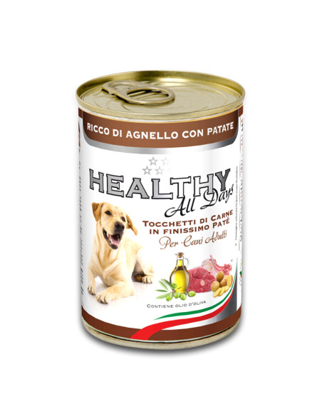 Консервирана храна за кучета HEALTHY MEAT All Days с прясно агнешко месо , телешко, пуешко месо и картофи 0.400 кг.