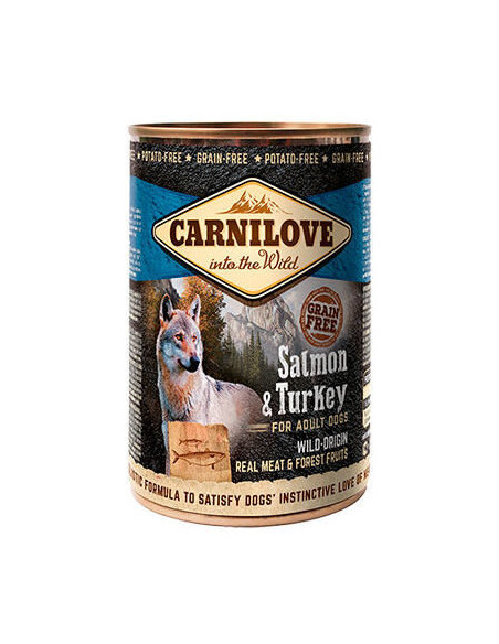 Пълноценна консервирана храна за кучета Carnilove Wild Meat Salmon - Turkey for Adult с 47- пуешко и 20- сьомга, БЕЗ ЗЪРНЕНИ 