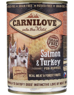 Пълноценна консервирана храна за малки кученца Carnilove Wild Meat Salmon - Turkey for Puppies с 47- пуешко и 20- сьомга, БЕЗ
