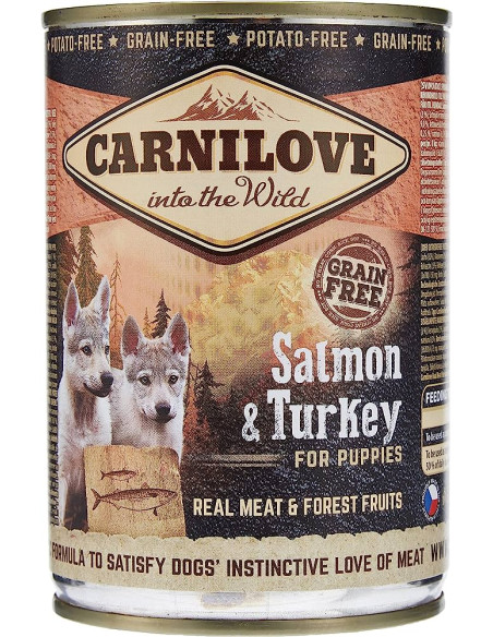 Пълноценна консервирана храна за малки кученца Carnilove Wild Meat Salmon - Turkey for Puppies с 47- пуешко и 20- сьомга, БЕЗ