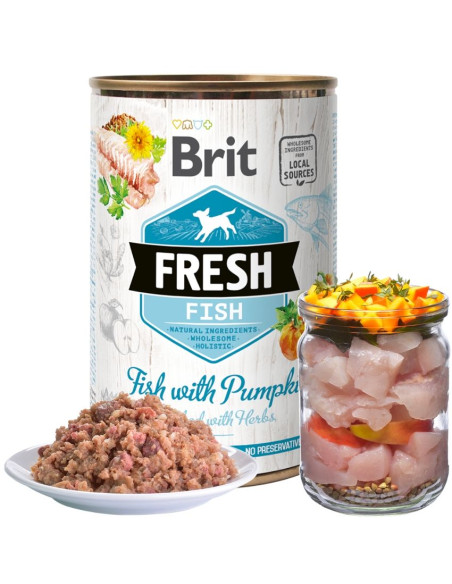 Холистична консервирана храна за кучета Brit Fresh Fish with Pumpkin с 44- прясна риба, 23- пилешко и 6- тиква 0.400 кг.