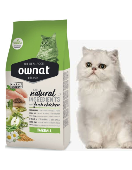 Натурална суха храна Ownat Classic Hairball с прясно пилешко месо, за предотвратяване на образуването на космени топки 4 кг.