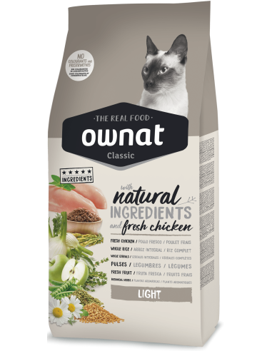 Натурална суха храна Ownat Classic Light с прясно пилешко месо, за котки предразположени към напълняване 1.5 кг.