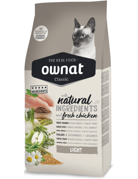 Натурална суха храна Ownat Classic Light с прясно пилешко месо, за котки предразположени към напълняване 1.5 кг.
