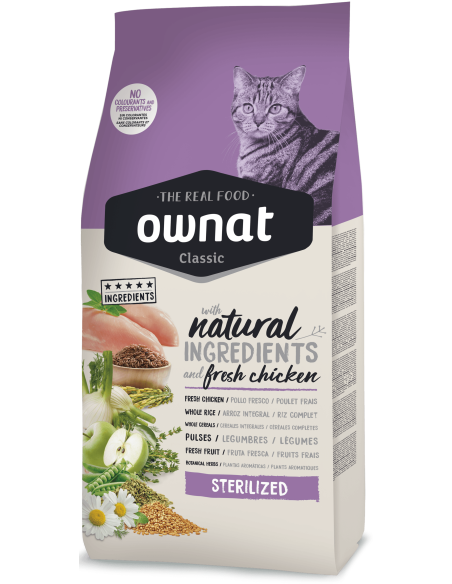 Натурална суха храна Ownat Classic Sterilized с прясно пилешко месо, за кастрирани котки 1.5 кг.