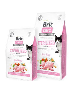 Пълноценна суха храна за кастрирани котки за добро храносмилане Brit Care Cat Grain-Free STERILIZED SENSITIVE със 26- заешко 