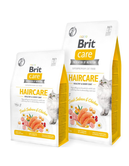 Пълноценна суха храна за котки за красива козина и здрава кожа Brit Care Cat Grain-Free HAIRCARE HEALTHY AND SHINY COAT със 2