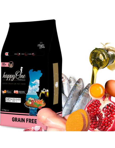 Средиземноморска храна HappyOne MEDITERRANEUM CAT Adult за пораснали котки с пилешко месо, сардини, зехтин, яйца и нар 1 кг.