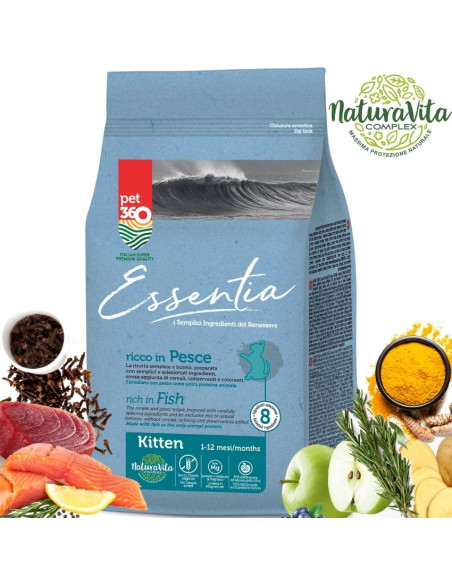 Супер премиум храна за котки Essentia Kitten, БЕЗ ЗЪРНО, със 78- протеин от сьомга и риба тон + куркума и розмарин, за малки 