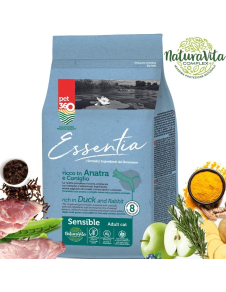 Супер премиум храна за котки Essentia SENSIBLE, БЕЗ ЗЪРНО, със 73- протеин от прясно заешко и патешко месо + куркума и розмар